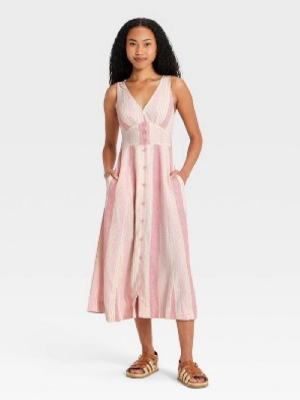 Women's Woven Button-Front Midi Sundress - Universal Thread Pink Striped